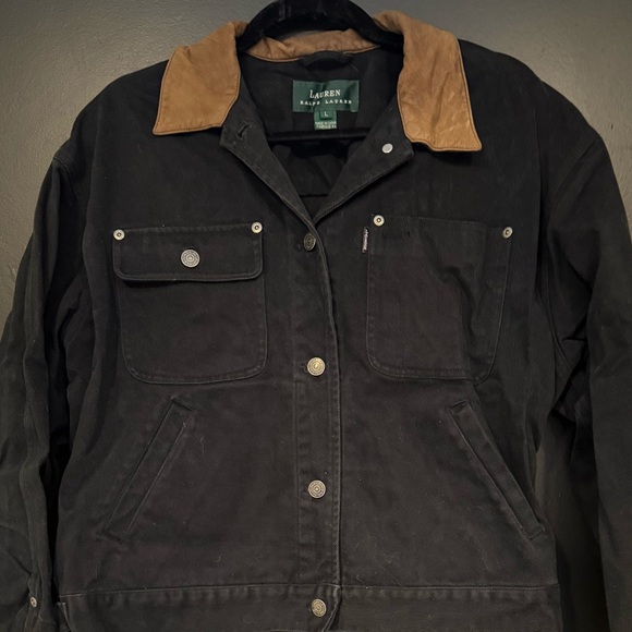 Ralph Lauren Black Jacket with Tan Leather Collar - Picture 11 of 11